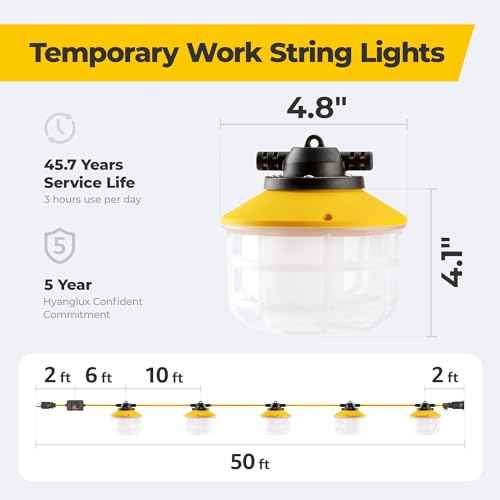 Outdoor Construction LED String Lights with Switch: 3 Prong 50FT 75w 10500lm ETL Certified Super Bright Temporary Lighting Hanging IP65 Waterproof Work Light for Attic Jobsite Garage