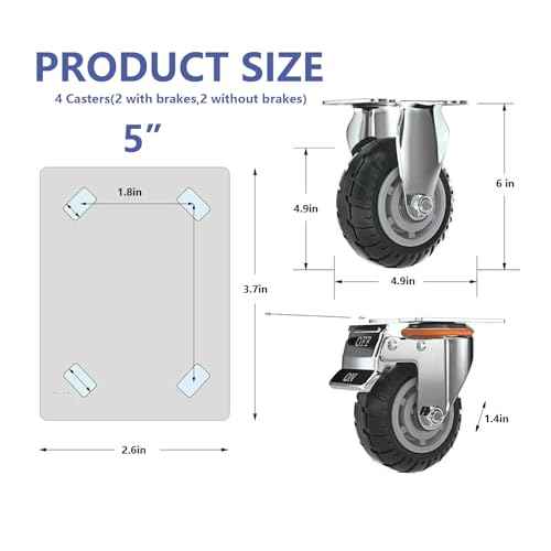 5 inch Caster Wheels with Brake 2200lbs,Heavy Duty Casters Set of 4 for Cart, Trolleys, Furniture and Workbench(2PCS Fixed Caster Wheels 2PCS Locking Swivel Casters)