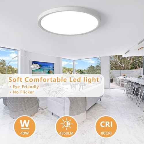 20 Inch LED Flush Mount Ceiling Light, 40W, 4350LM, 3000K/4000K/6000K CCT Selectable Super Slim Round Flat Panel Light for Living Room, Bedroom, Kitchen