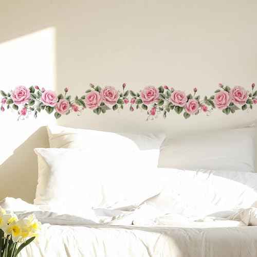 Pink Siren Rose Flower Vine Wall Stickers, sacinora Floral Art Botanical Wall Decals Removable Vinyl Peel and Stick for Furniture Door Living Room Bedroom Nursery Decorations