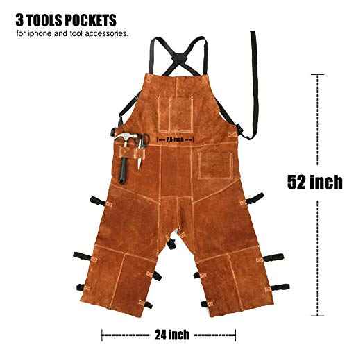 QeeLink Leather Welding Apron Split Leg for Men - Spark Flame Heat Resistant Bib Protective Chaps - Heavy Duty Cowhide Pants