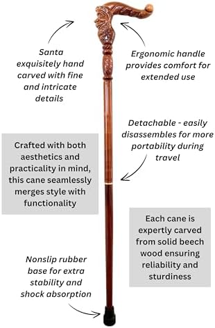 Hand Carved Wooden Walking Cane with Ergonomic Handle and Rubber Tip for Men and Women - Fashionable Unique Walking Stick for Seniors - 37 inch