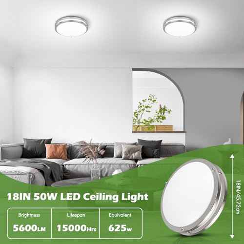 18IN 50W LED Flush Mount Ceiling Light, 5600lm Bright Dimmable LED Ceiling Light Fixture, 2700K-6500K Adjusted, Modern Kitchen Light Fixture Ceiling for Living Room Bedroom, Brushed Nickle, 1-Pack