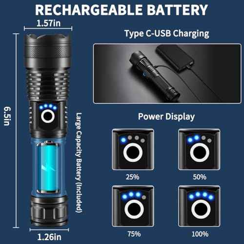 Flashlights High Lumens Rechargeable, 2Pack Rechargeable Flashlights, Super Bright Flashlight, 5Mode Tactical Flashlights High Lumens, LED Flashlight High Powered, Waterproof Flash Light LED