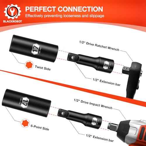BLACKROBOT 5-Piece 1/2" Drive Lug Nut Removal Tool, 6 Point & Twist Lug Nut Extractor, Impact Flip Socket Set (17mm, 19mm, 21mm, 22mm) with 3" Extension Bar, CR-MO Steel