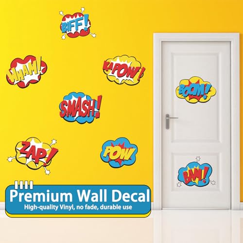 Superhero Wall Stickers Peel and Stick Hero Sign Wall Decals 8 Pcs Vinyl Removable Super Hero Action Sign Wall Stickers Comic Art Decor for Bedroom Nursery Playroom Kids Room Decorations