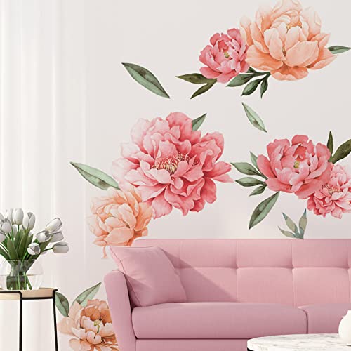 Peony Flowers Wall Decals, Watercolor Elegant Peonies Rose Floral Wall Stickers, FODIENS Pink Blossom Flower Wallpaper Art Applique for Living Room Bedroom Girls Room