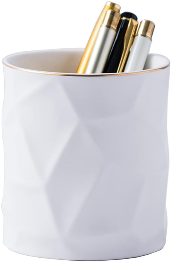 Ceramic Irregular Round Pen Holder For Desk Cute Stand Gold Line Pencil Cup Pot Desk Organizer for Girls Makeup Brush Holder (White)