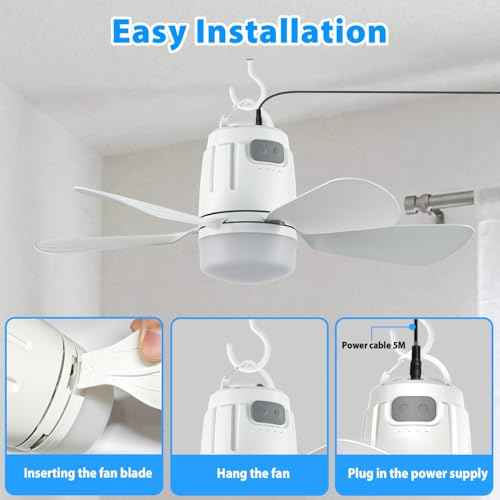 Gazebo Fan Outdoor Hanging with Light, Patio Plug in Ceiling Fan with 16.5ft Cord, Remote & Hook, Portable for Outside Canopy, Pop up Tent, Pergola (20'')