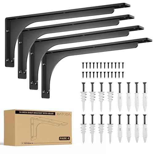 BATODA 16¡± Shelf Brackets with Beam (4pcs) - L Shelf Brackets Black - Hook Brackets for Floating Shelves - Wall Mounted Support for DIY Open Shelving ? Mounting Hardware Included (Pack 4) (4, 16 Inch)