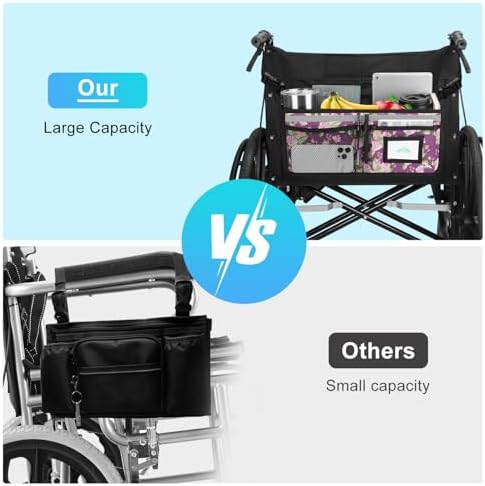 supregear Wheelchair Basket for Back, Large Capacity Wheelchair Backpack Organizer Bag with Multiple Pockets and Cup Holder, Waterproof Storage Pouch for Seniors, Floral Purple