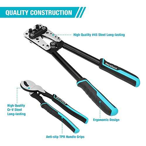 DURATECH Battery Cable Lug Crimping Tool with Wire Cutter-Wire Crimper Tools-AWG 10 8 6 4 2 1/0-Battery Terminal Crimper for Heavy Duty Wire Lugs, Copper Lugs
