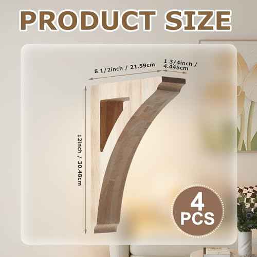 4 Pcs 1 3/4" W x 8 1/2" D x 12" H Traditional Wood Corbels Wooden Shelf Brackets Unfinished Paintable Solid Wooden Bracket for Doorway Countertops Home Shelves Cabinet Furniture Support
