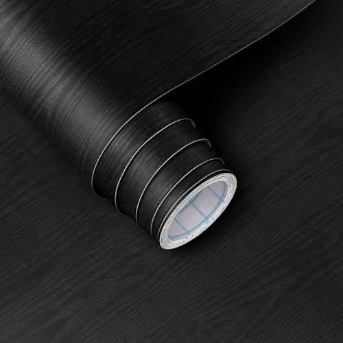 Black Wallpaper Wood Grain Contact Paper Peel and Stick Wall Paper Waterproof Self Adhesive Thickened Vinyl Wrap for Countertops Cabinets Desk Decorative Film Easy to Clean 15.7" x 118"
