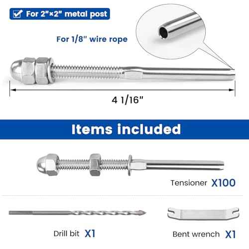 Muzata 100 Pack 1/8" Cable Railing Hardware Kit Hand Swage Threaded Stud Tensioner for 2x2 Metal Post T316 Stainless Steel Deck Cable Railing System CR23