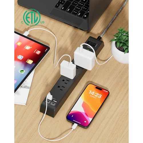 20FT Power Strip Surge Protector - 2 Pack Extension Cord with 6 Outlets 4 USB Ports, Flat Plug, 900 Joules, 15A Circuit Breaker, Wall Mount for Home Office, Dorm Essentials