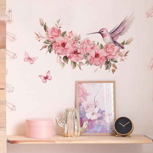 Pink Hummingbird Butterfly Flower Wall Stickers, sacinora Peach Blossom Peony Bird Wall Decals Removable Vinyl Peel and Stick for Girl Woman Nursery Living Room Bedroom Art Decorations