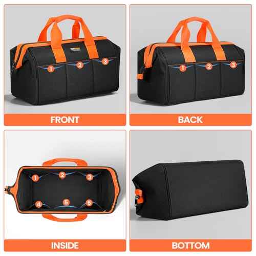 Wide Mouth Tool Bag, Heavy Duty Tool Bags for Men, 12-Pocket Portable Empty Tool Box Organizer Storage for Mechanic, Electrician, 17.3 inch, 600D Oxford, Orange