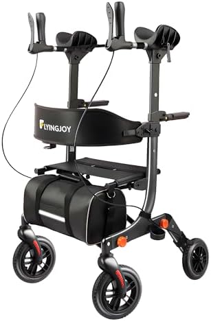 Lightweight Upright Rollator Walker All-Terrain Foldable with seat and Adjustable Height backrest, 300 lbs Capacity, 10" Front & 8" Rear Wheels for Seniors, Adults, bariatric, Includes Cane Holders