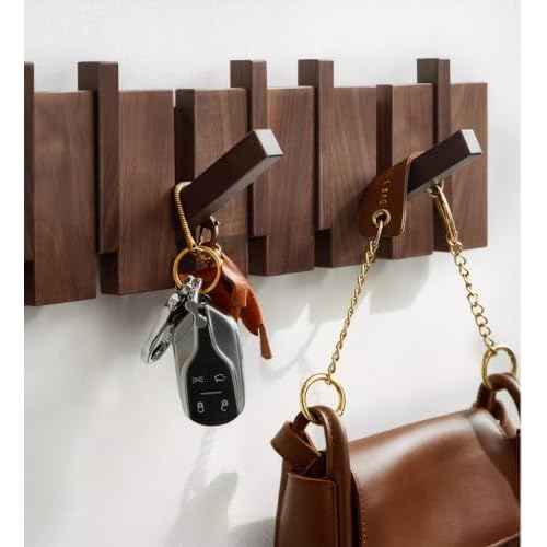 Wood Coat Rack Wall Mounted, Coat Hooks Wall Mount, Flip Down Entryway Wall Art Rack wtih 8 Hooks for Hanging Coats Keys Hats Towels Bags, Walnut