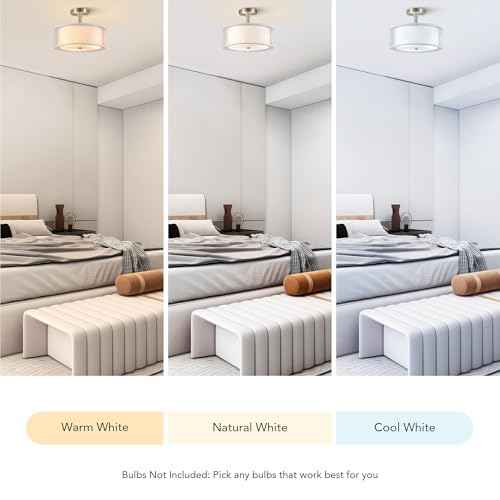 VONLUCE Semi Flush Mount Ceiling Light, 13'' Ceiling Light Fixture with 2-Layer Fabric Shade, 3-Light Modern Drum Light Fixture for Bedroom Living Room Entryway Hallway, White Shade & Nickel Finish