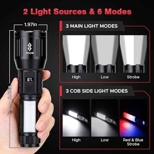 Flashlight High Lumens Rechargeable 2 Packs, 1,500,000L Handheld Tactical LED Flashlights Battery Powered, Zoomable Super Bright Flash Light with 6 Modes, Cob Side Light, Waterproof for Emergency