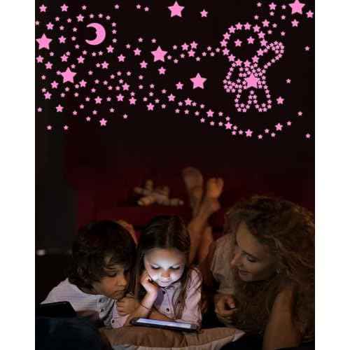 Greingways 201 Pcs Glow in The Dark Stars Stickers for Ceiling Bedroom, Stocking Stuffers for Kids Ages 3-5, 4-8, 8-12, Boys Girls Room Decor Wall Stickers Stocking Stuffers for Toddler-Pink