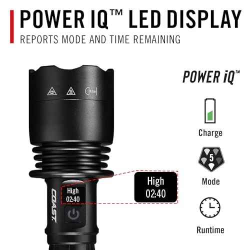 Coast XP40R 8000 Lumen Rechargeable Dual-Power LED Flashlight with POWERiQ¢â Real-TIME Display, 5 Light Modes, Ultra View Flood Beam, Push/Pull Focus
