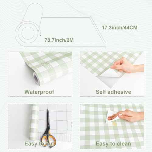 Cohoo Home Green Plaid Peel and Stick Wallpaper Boho Plaid Contact Paper for Cabinet Green Checkered Geinham Contact Paper Self Adhesive Removable Wallpaper Bathroom Nursery Waterproof 17.3inW 78.7inL