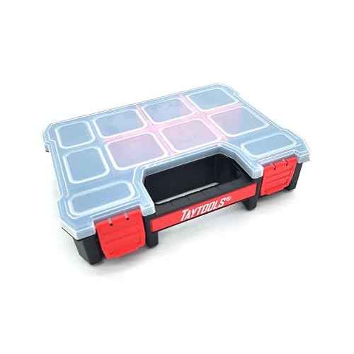 Taytools 10 Compartment Small Parts Organizer Box - Dual Latch Portable Tool Box with Removeable Dividers for Storing Hardware, Screws, Bolts, Nails, Beads or Jewely (Pack of 2)