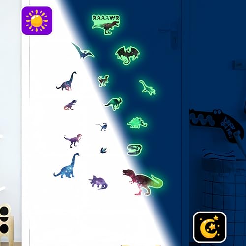 Glow in The Dark Dinosaurs Wall Decals, Glitter Dino Stickers for Boys Room, Luminous Stars Ceiling Decor for Bedroom Playroom Nursery