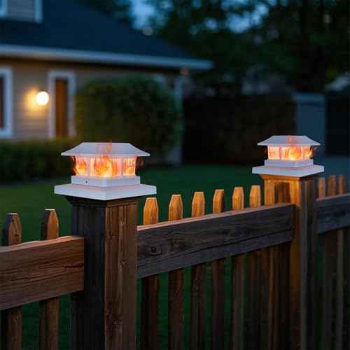 Dynaming Solar Flame Post Cap Lights Outdoor, Solar Powered White Shell Fence Post Light, Flickering Flame LED Lamps Waterproof for Garden Deck Patio, Fit 4x4, 5x5 or 6x6 Vinyl/Wooden Posts, 8 Pack