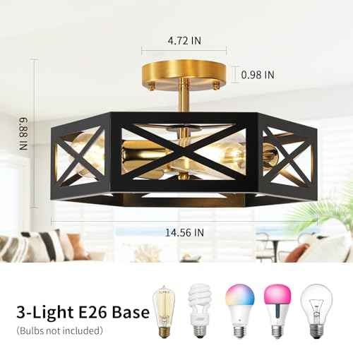 Semi Flush Mount Ceiling Light, Black and Gold Light Fixtures Ceiling Mount with Hexagon Cage, Metal Industrial Close to Ceiling Light for Hallway, Kitchen, Bedroom (Black and Gold, 14.56''L)