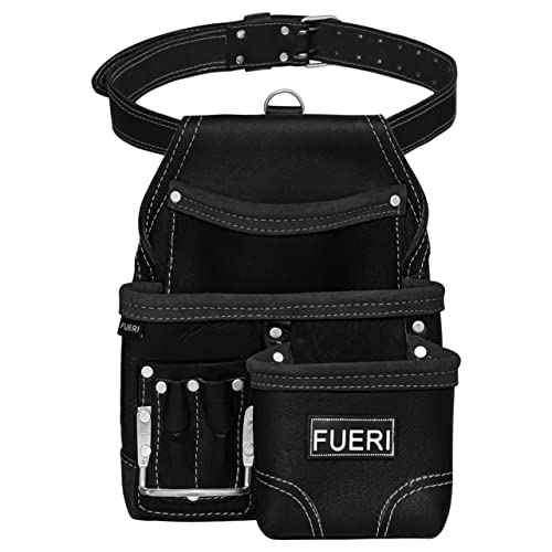 FUERI Leather Tool Pouches with Belt Clip Utility Bags Work Heavy Duty Belts Bag Pouch for Construction Carpenter Electrician Framer Men Women - 7 Pocket