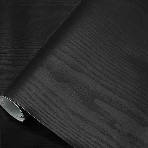 seonta Black Contact Paper 16"x118" Wood Peel and Stick Wallpaper Waterproof Removable Self Adhesive Wall Paper Sticker Cover Wood Vinyl Wrap for Countertop Desk Table Cabinets
