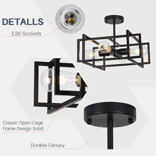 Industrial Semi Flush Mount Ceiling Light Fixture,4-Light Kichen Light Fixture Ceiling Mount,Farmhouse Chandelier,Modern Black Ceiling Light for Dining Room, Bedroom, Hallway