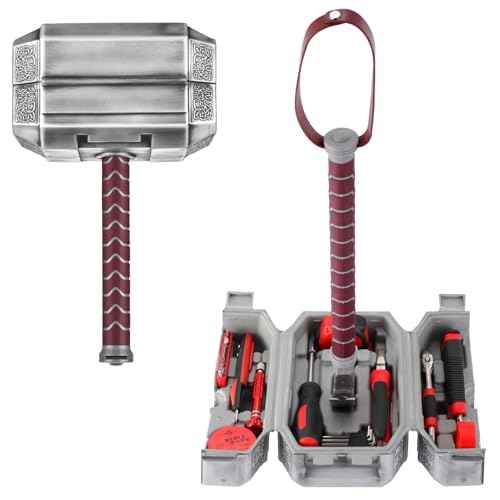 Thor Hammer Tool Box, 28pcs Multifunctional Home Repair Tool Set Excellent Hand Tool Novelty Christmas Gift for Men Prop Hammer (Silver)