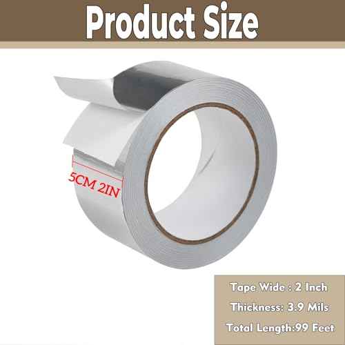 Aluminum Foil Heavy Duty Silver Duct Tape 2 Inch 99Ft 3.9 Mils High Temperature Sealing and Patching for HVAC Air Ducts Metal Repair Foamboard Insulation Dryer Vent and More