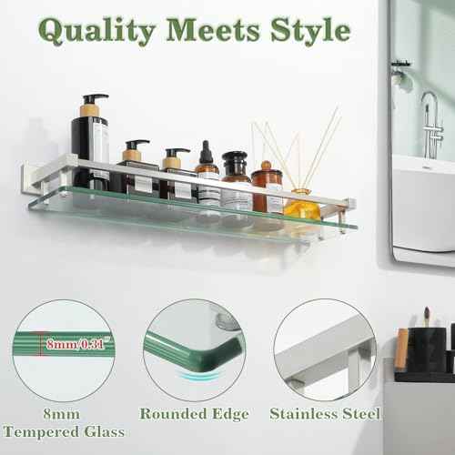 Alise Bathroom Shelf Wall Mounted, Brushed Nickel Large Capacity Glass Shelf for Bathroom, 24 inch