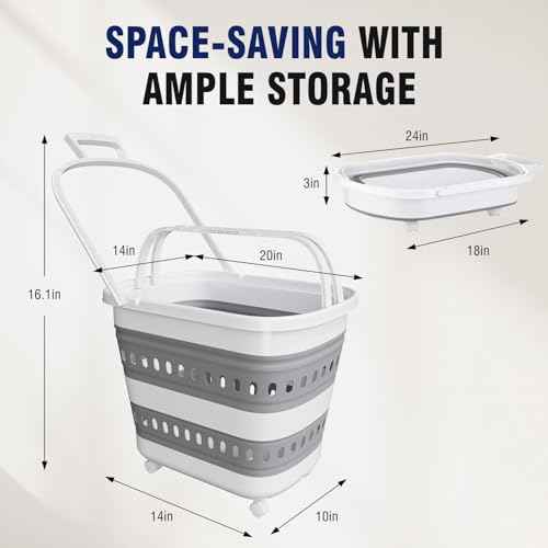 TECHMILLY Collapsible Plastic Laundry Basket Hamper with Wheels, 45L Portable Rubber Clothes Basket, Pop Up Storage Container/Organizer with Hanging Basket for Washing & Storage, Grey