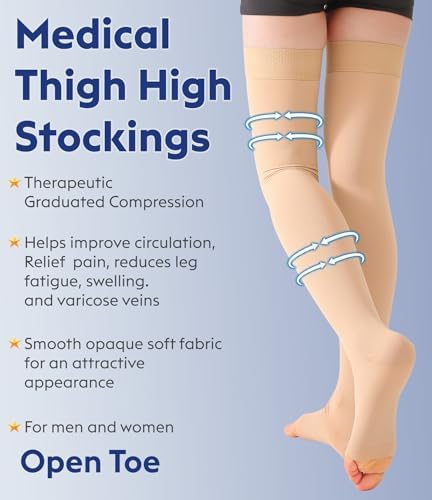 Thigh High Compression Stockings Toeless - Unisex, Opaque, KEKING 15-20mmHg Graduated Compression Leg Support Hose with Anti-Slip Silicone Band - Swelling, Varicose Veins, Edema, Travel,Beige 4X-Large