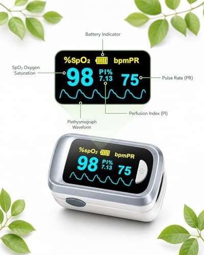 Healthtree JKS50B Pulse Oximeter Fingertip - Blood Oxygen monitor Fingertip with Perfusion Index, Fast 5-8s Reading, Large OLED Display, SpO2 & Heart Rate monitor for Home, Sports, Travel (Includes Batteries & Lanyard)