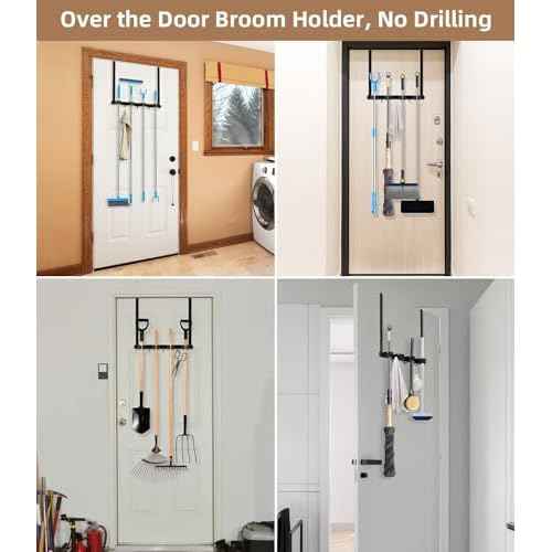 Broom Holder Over The Door 2Pack - 304 Stainless Steel Mop and Broom Hanger Wall Mounted or Hanging Over The Door with Hooks - Tool Organizer for Garage Closet Laundry Kitchen Decor