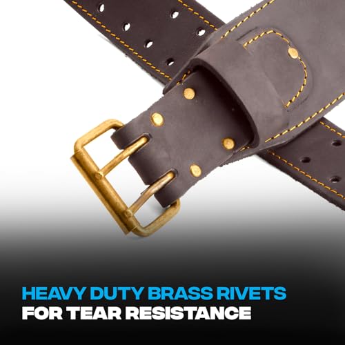 OX Tools 3-inch Wide Full Grain Leather Tool Belt - 3" Wide Oil Tanned Double Stitched Construction Belt with Rivets - 33" to 44" Belt Length Carpenter Tool Belt - OX-P263303