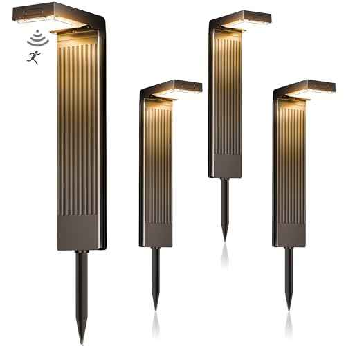 Solar Pathway Lights Outdoor 4Pack, 2 Color in 1 Motion Sensor Walkway Lights 400LM with Warm/Cool White, 12H Lasting, IP65 Waterproof Solar Powered Landscape Lighting for Garden, Yard