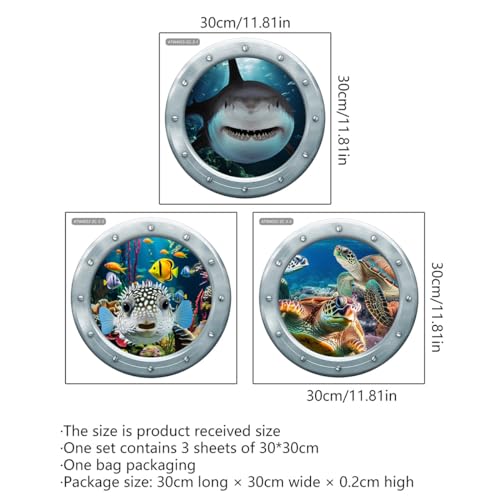Runtoo Under The Sea Wall Decals Stickers 3D Shark Sea Turtle Window Clings for Kids Room Nursery Bedroom Bathroom Home Decor [3PCS]