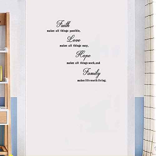 16.5 x 23.5 inches Faith Love Hope Quotes Wall Stickers Decals Decor, Removable DIY Saying Wall Art Decals Sticker, Easy Peel and Stick Wallpaper for Bedroom Living Room (Black)