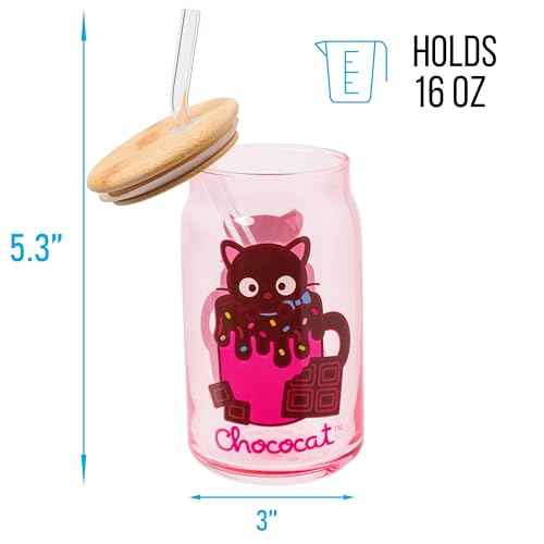 Silver Buffalo Sanrio Hello Kitty & Friends Chococat Chocolate Pink Glass Jar Tumbler with Bamboo Lid and Glass Straw, 16 Ounces