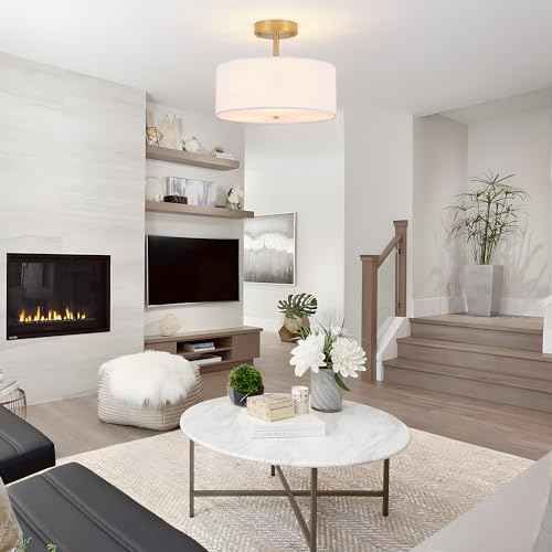 3-Light Semi Flush Mount Ceiling Light Modern Gold Drum Light Fixtures with White Fabric Cover Shade Round Chandelier for Bedroom Living Room Kitchen and Hallway