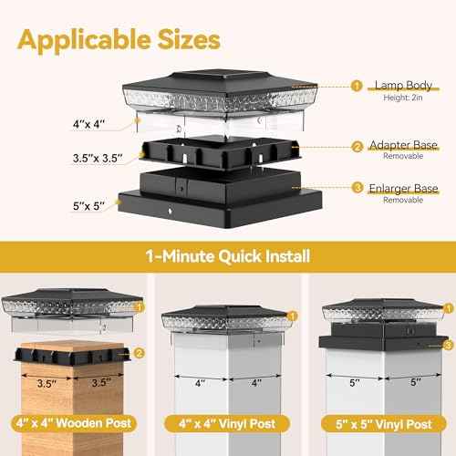Solar Post Cap Lights, 12-Pack Upgraded Outdoor Deck Fence Post Solar Lights for 4x4 5x5 Wood/Vinyl Posts, IP65 Waterproof, 10-12 Hours Warm/Cool White Glow for Garden/Patio/Porch - Black